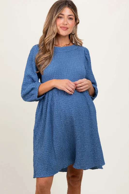 Non - Slip Casual Dresses with Adjustable Straps​ Blue Knit Ruffle Trim Maternity Dress