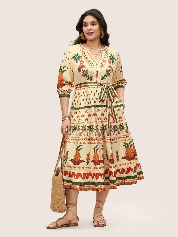 Party Casual Dresses for a Night Out Boho Print Notched Collar Patchwork Belted Dress Party Casual Dresses for a Night Out Boho Print Notched Collar Patchwork Belted Dress