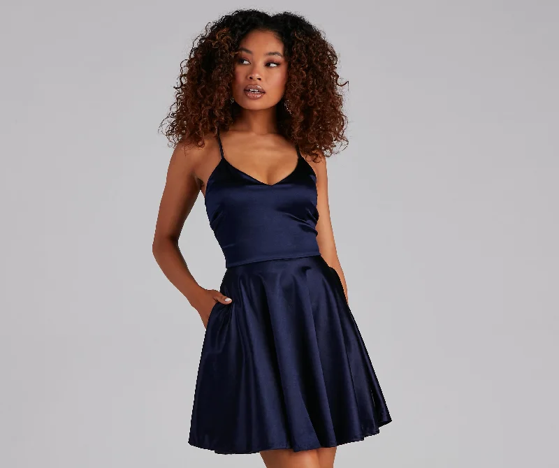 Mini dresses with spaghetti straps for a delicate look Stunning In Satin Skater Dress Mini dresses with spaghetti straps for a delicate look Stunning In Satin Skater Dress