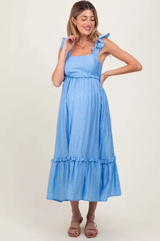 Sleeveless Casual Dresses for Warm Weather Blue Ruffle Strap Square Neck Maternity Midi Dress Sleeveless Casual Dresses for Warm Weather Blue Ruffle Strap Square Neck Maternity Midi Dress