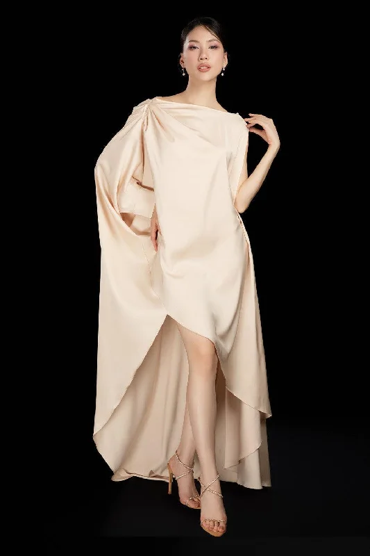 Scarf - Accented Casual Dresses for Added Style Randall Asymmetric Boat Neck Silk Blend Floor Length Dress Scarf - Accented Casual Dresses for Added Style Randall Asymmetric Boat Neck Silk Blend Floor Length Dress