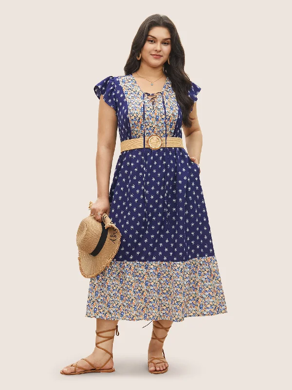 Metallic - Accented Casual Dresses for a Shiny Finish Boho Print Ruffle Cap Sleeve Lace Up Dress Metallic - Accented Casual Dresses for a Shiny Finish Boho Print Ruffle Cap Sleeve Lace Up Dress