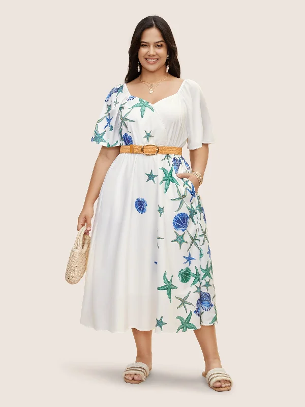 Two - Piece Casual Dresses for a Modular Look​ Heart Neckline Marine Elements Gathered Dress
