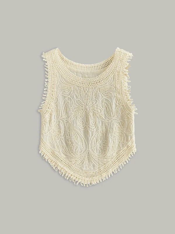 Smocked Waist Casual Dresses for Comfort Semi-Sheer Crochet Lace Floral Detail Tank Top Smocked Waist Casual Dresses for Comfort Semi-Sheer Crochet Lace Floral Detail Tank Top
