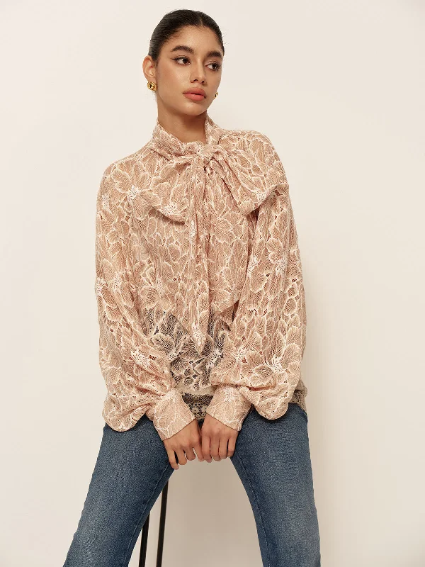 Lace - Trimmed Casual Dresses for a Delicate Touch Semi-Sheer Bow-Front Lace Blouse Lace - Trimmed Casual Dresses for a Delicate Touch Semi-Sheer Bow-Front Lace Blouse