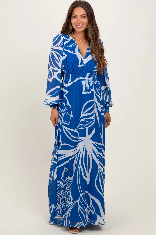 Boho Style Casual Dresses with Fringe Details Navy Floral Smocked Waist Long Sleeve Maternity Maxi Dress Boho Style Casual Dresses with Fringe Details Navy Floral Smocked Waist Long Sleeve Maternity Maxi Dress