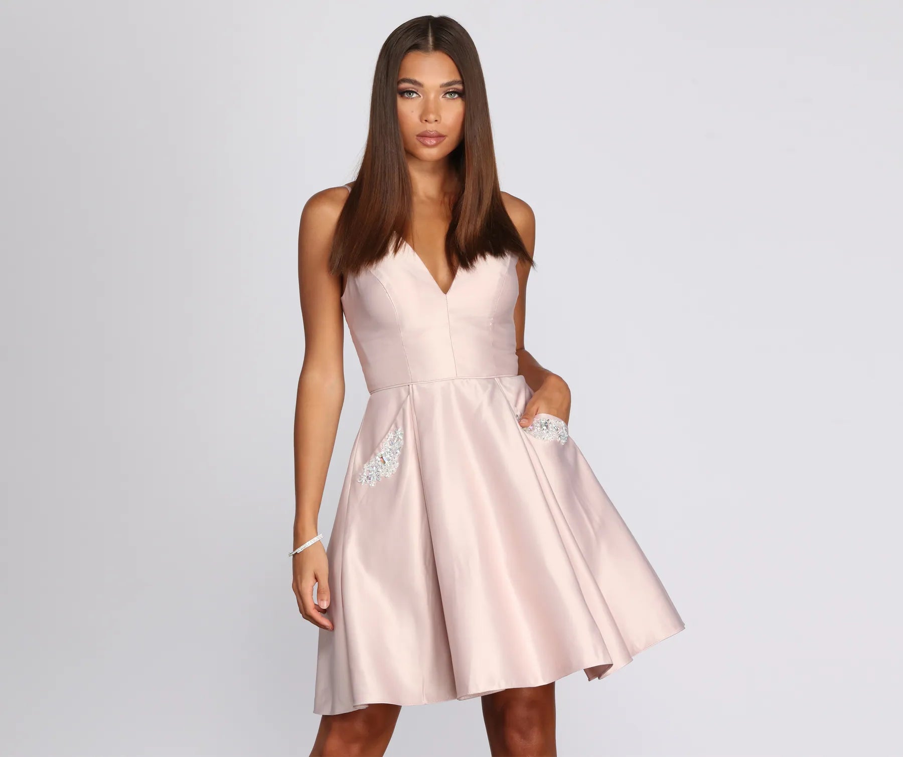 Mini dresses with pleated skirts for a classic look River Formal Satin Party Dress