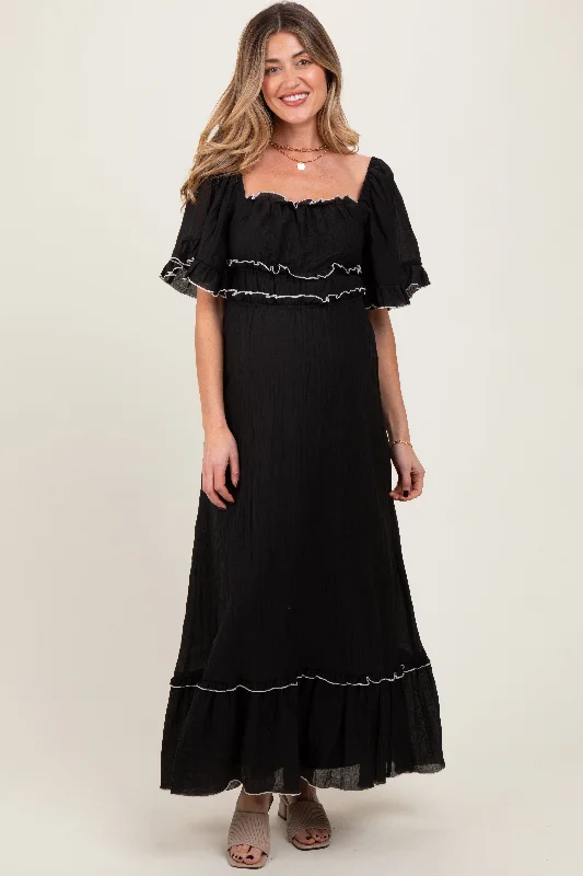Modal Casual Dresses in Smooth Textures​ Black Wide Sleeve Maternity Maxi Dress