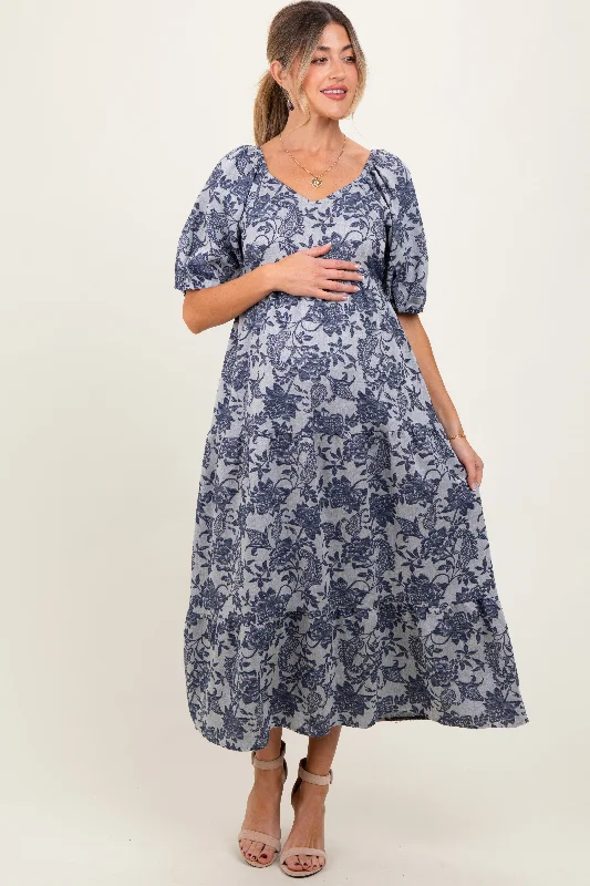 Linen Casual Dresses for Breathability Navy Floral Tiered Puff Sleeve Maternity Midi Dress Linen Casual Dresses for Breathability Navy Floral Tiered Puff Sleeve Maternity Midi Dress
