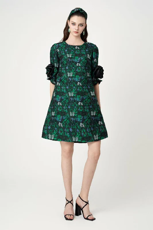 Dry - Clean - Only Casual Dresses for Delicate Fabrics​ Aarav Trapezoid Flower Applique Brocade Above The Knee Dress