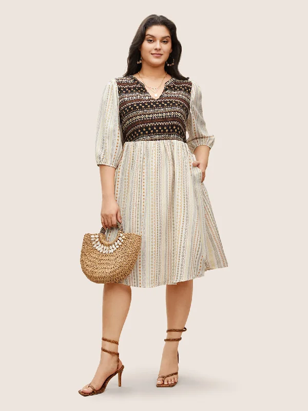 Beaded Casual Dresses for a Decorative Touch Bandana Striped Patchwork Notched Lantern Sleeve Dress Beaded Casual Dresses for a Decorative Touch Bandana Striped Patchwork Notched Lantern Sleeve Dress