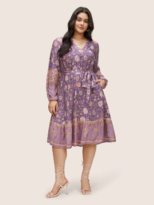 Sun - Protective Casual Dresses for Outdoor Activities​ Boho Print Belted Notched Lantern Sleeve Dress