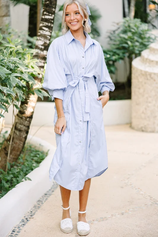 Satin Casual Dresses with a Shiny Finish​ See You There Light Blue Button Down Midi Dress