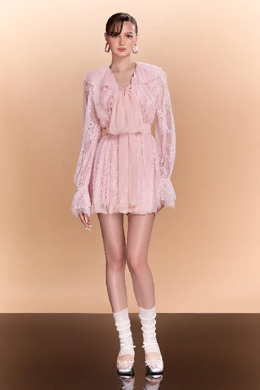 Rayon Casual Dresses for a Soft Feel​ Hattie Gathered Poet Sleeved Lace Mini Dress