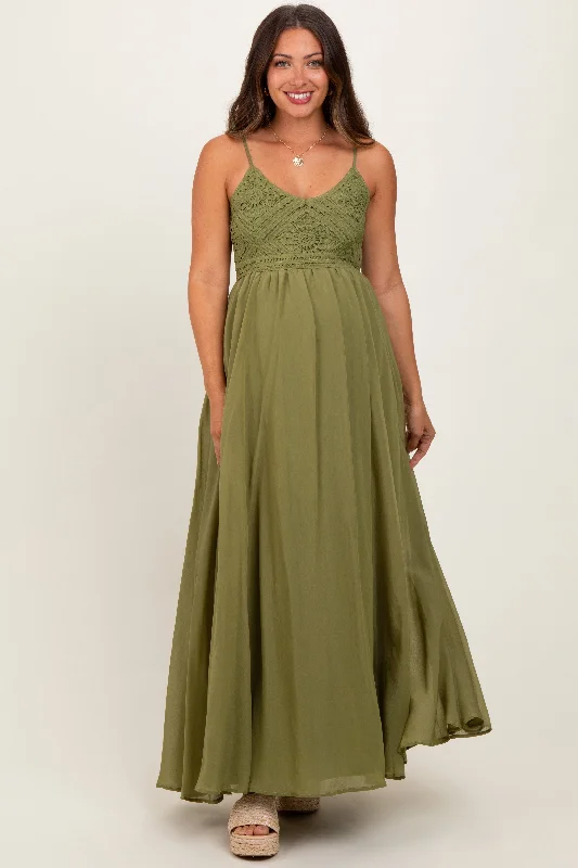 Celebrity - Inspired Casual Dresses for a Fashionable Look Green Crochet Bodice Maternity Maxi Dress Celebrity - Inspired Casual Dresses for a Fashionable Look Green Crochet Bodice Maternity Maxi Dress