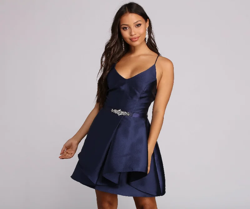 Metallic mini dresses for a glamorous event Lizza Formal Satin Rhinestone Dress