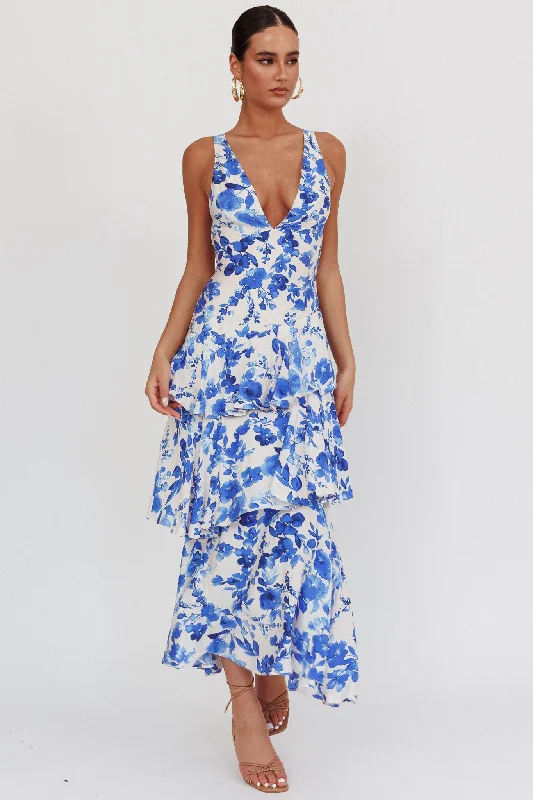 Travel - Friendly Casual Dresses for Comfort on the Go​ Veda Strappy Back Ruffle Maxi Dress Floral Blue