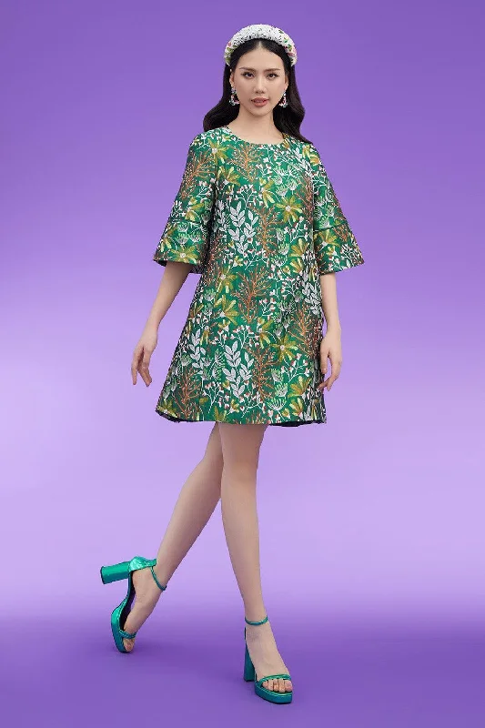 Mini Casual Dresses with Ruffled Hem​ Guerra Trapezoid Flare Sleeved Brocade Above The Knee Dress
