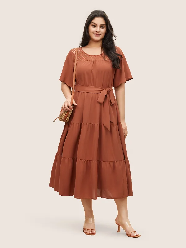 Leather - Look Casual Dresses for a Tough Style​ Hollow Out Belted Gathered Patchwork Hem Dress