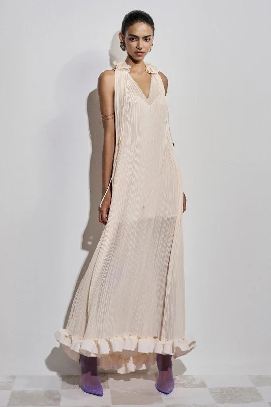 Spring - Season Casual Dresses in Fresh Colors​ Victoire Pleated V-Neck Polyester Ankle Length Dress
