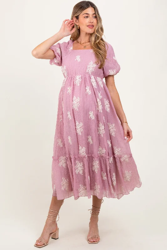 Midi Casual Dresses in Trendy Patterns Mauve Floral Print Ruffle Hem Maternity Midi Dress Midi Casual Dresses in Trendy Patterns Mauve Floral Print Ruffle Hem Maternity Midi Dress