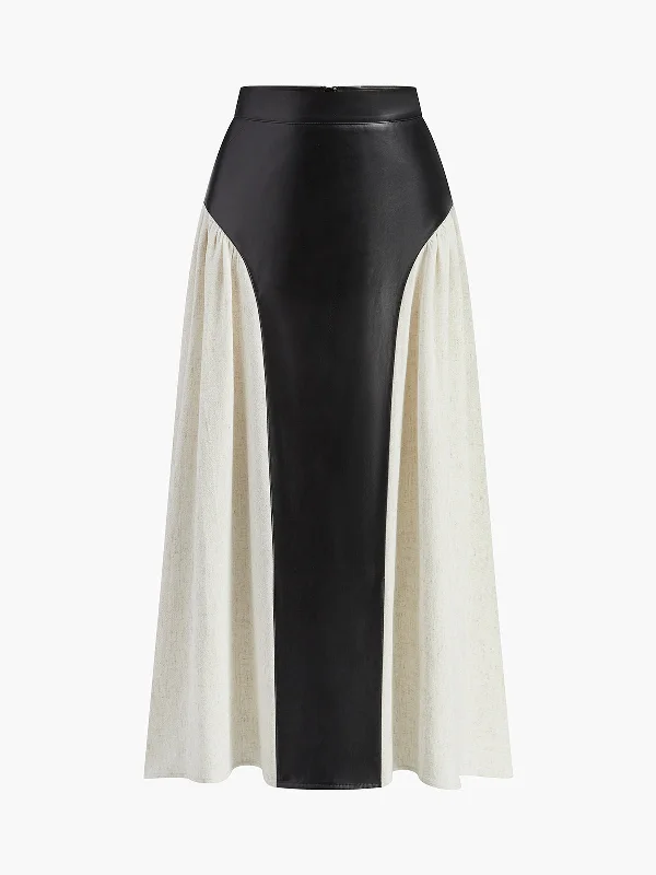 Brand - Specific Casual Dresses from Popular Labels Color Block Pleated Faux Leather Panel Skirt Brand - Specific Casual Dresses from Popular Labels Color Block Pleated Faux Leather Panel Skirt