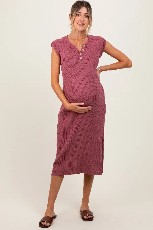 Washable Casual Dresses for Convenient Cleaning​ Mauve Ribbed Knit Button Up Sleeveless Maternity Midi Dress