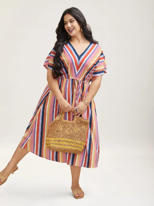 Zip - Front Casual Dresses for Easy On and Off​ Striped Waist Tie V-Neck Midi Dress