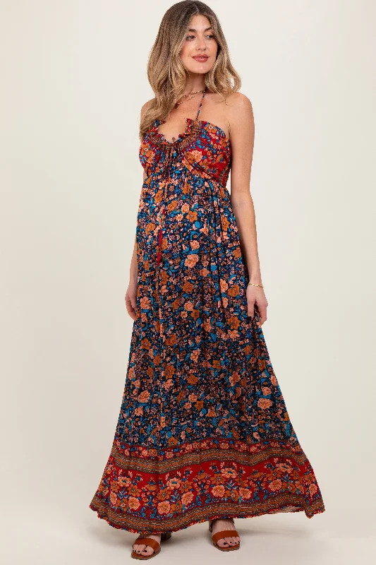 Plus - Size Casual Dresses for a Comfortable Fit Navy Floral Colorblock Halter Tie Back Maternity Maxi Dress Plus - Size Casual Dresses for a Comfortable Fit Navy Floral Colorblock Halter Tie Back Maternity Maxi Dress