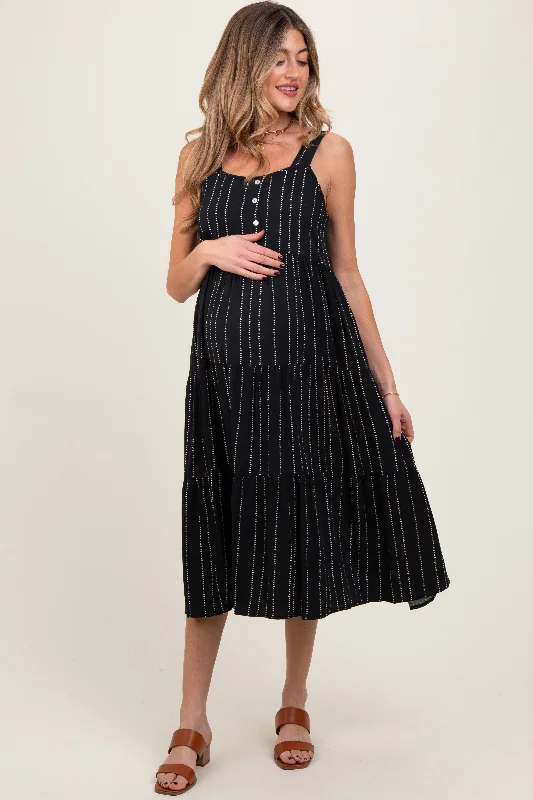 Layered Casual Dresses for a Stylish Ensemble Black Dot Stripe Tiered Maternity Midi Dress Layered Casual Dresses for a Stylish Ensemble Black Dot Stripe Tiered Maternity Midi Dress