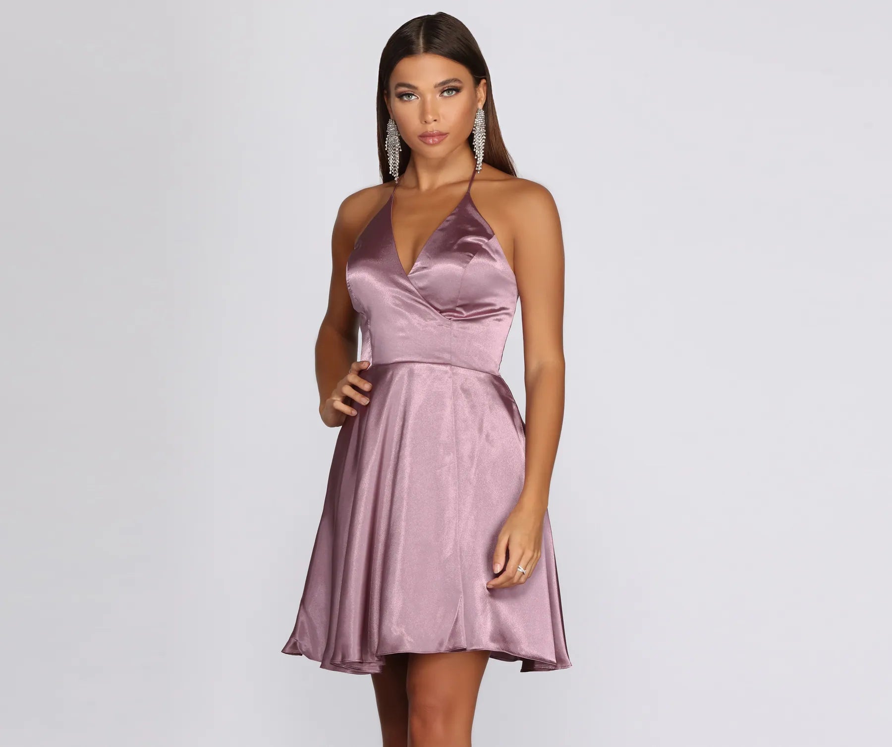 Mini dresses with ruched bodices for a feminine touch Sandy Halter Formal Dress