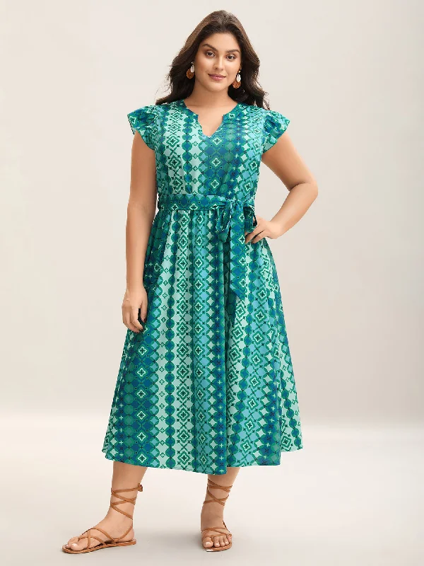 Organic Cotton Casual Dresses for a Natural Choice​ Boho Vacation Print Belted Notched Midi Dress