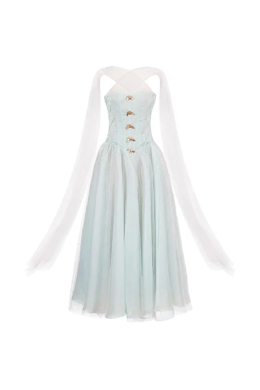 Off - Shoulder Casual Dresses for a Feminine Touch​ The Ocean Fit and Flare Corset Waist Chiffon Midi Dress