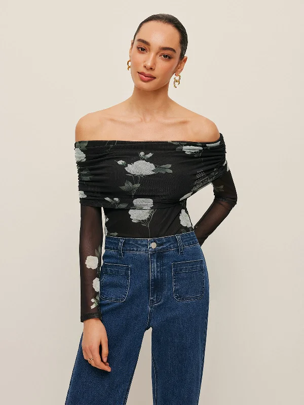 Home - Wear Casual Dresses for Comfort at Home Semi-Sheer Floral Off-Shoulder Mesh Sleeve Top Home - Wear Casual Dresses for Comfort at Home Semi-Sheer Floral Off-Shoulder Mesh Sleeve Top