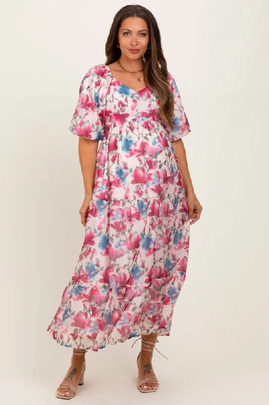 Washable Casual Dresses for Convenient Cleaning Pink Floral Tiered Puff Sleeve Maternity Midi Dress Washable Casual Dresses for Convenient Cleaning Pink Floral Tiered Puff Sleeve Maternity Midi Dress