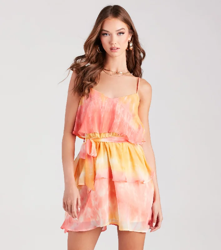 Sleep - Wear Inspired Casual Dresses for a Cozy Feel Daydreamer Tie-Dye Ruffled Chiffon Mini Dress Sleep - Wear Inspired Casual Dresses for a Cozy Feel Daydreamer Tie-Dye Ruffled Chiffon Mini Dress