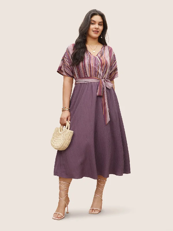 Child - Sized Casual Dresses with Cute Designs Striped Patchwork Overlap Collar Ties Dress Child - Sized Casual Dresses with Cute Designs Striped Patchwork Overlap Collar Ties Dress