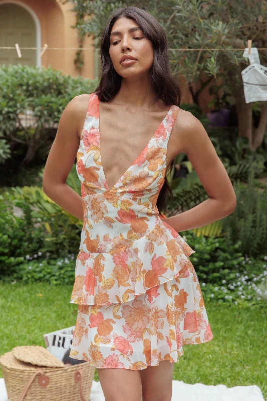 Concert - Wear Casual Dresses with a Fun Style Veda Strappy Back Ruffle Mini Dress Floral Orange Concert - Wear Casual Dresses with a Fun Style Veda Strappy Back Ruffle Mini Dress Floral Orange