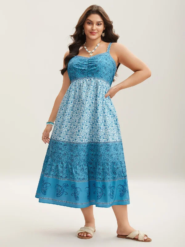 Polyester - Cotton Blend Casual Dresses​ Tropical Blues Cinched Cami Midi Dress