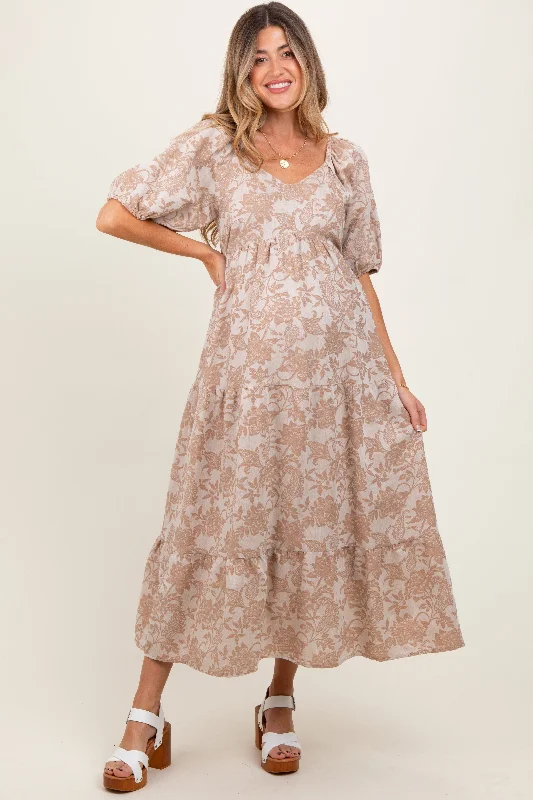Knit Casual Dresses in Chunky Patterns​ Camel Floral Tiered Puff Sleeve Maternity Midi Dress