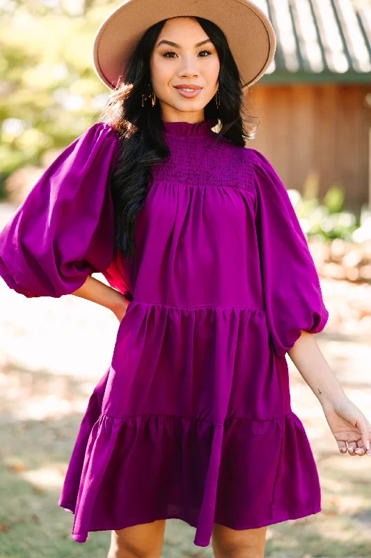Button - Front Casual Dresses with Decorative Buttons Coming Home Plum Purple Babydoll Dress Button - Front Casual Dresses with Decorative Buttons Coming Home Plum Purple Babydoll Dress