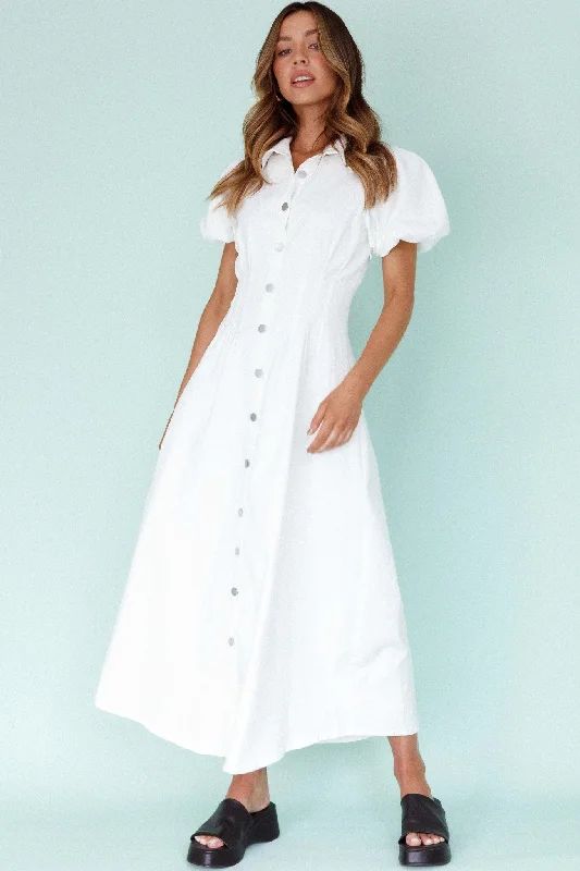 Satin Casual Dresses with a Shiny Finish​ Zurich Pleated Waist Midi Dress White