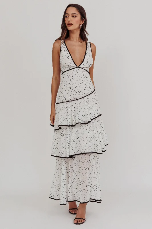 Recycled - Material Casual Dresses for Sustainability Veda Strappy Back Ruffle Maxi Dress Polka Dot White Recycled - Material Casual Dresses for Sustainability Veda Strappy Back Ruffle Maxi Dress Polka Dot White