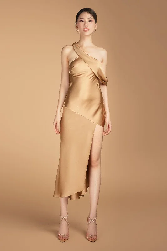 Upcycled Casual Dresses for an Eco - Conscious Choice​ Hurley Asymmetric Diagonal Neck Silk Blend Midi Dress