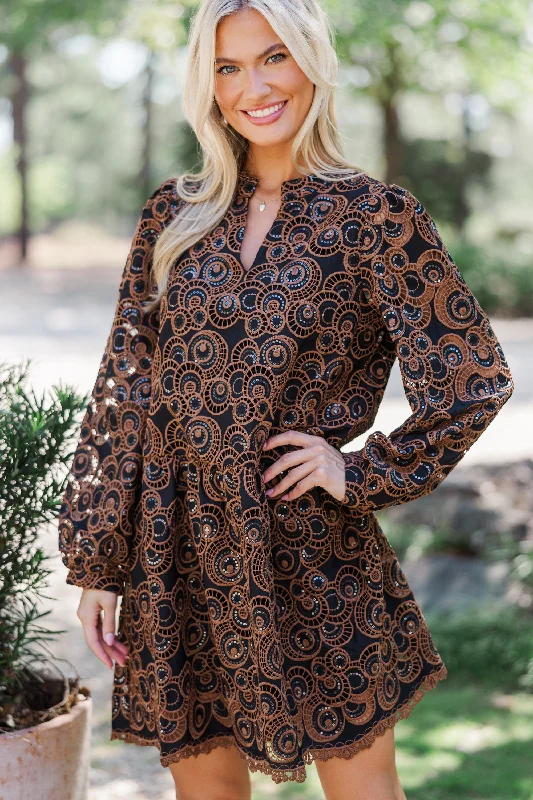 Faux Fur - Lined Casual Dresses for Winter Warmth Out In Space Brown Embroidered Dress Faux Fur - Lined Casual Dresses for Winter Warmth Out In Space Brown Embroidered Dress
