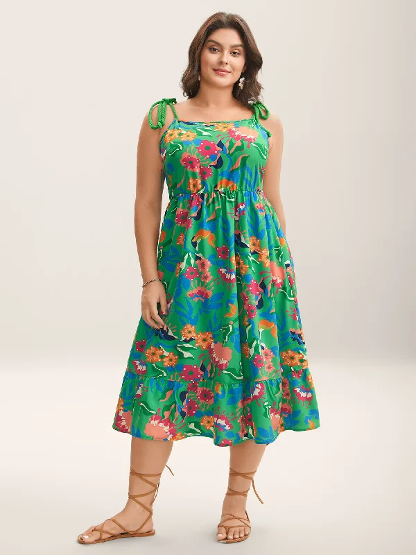 Rayon Casual Dresses for a Soft Feel​ Floral Print Braided Shoulder Straps Midi Dress