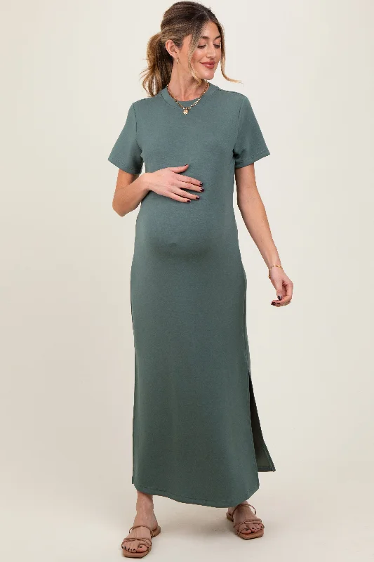 Office - Appropriate Casual Dresses with a Professional Edge​ Light Olive Basic Side Slit Short Sleeve Maternity Midi Dress