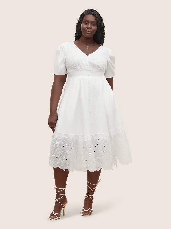 Denim Casual Dresses for a Casual and Durable Option Plain Button Detail Cut Out Puff Sleeve Dress Denim Casual Dresses for a Casual and Durable Option Plain Button Detail Cut Out Puff Sleeve Dress
