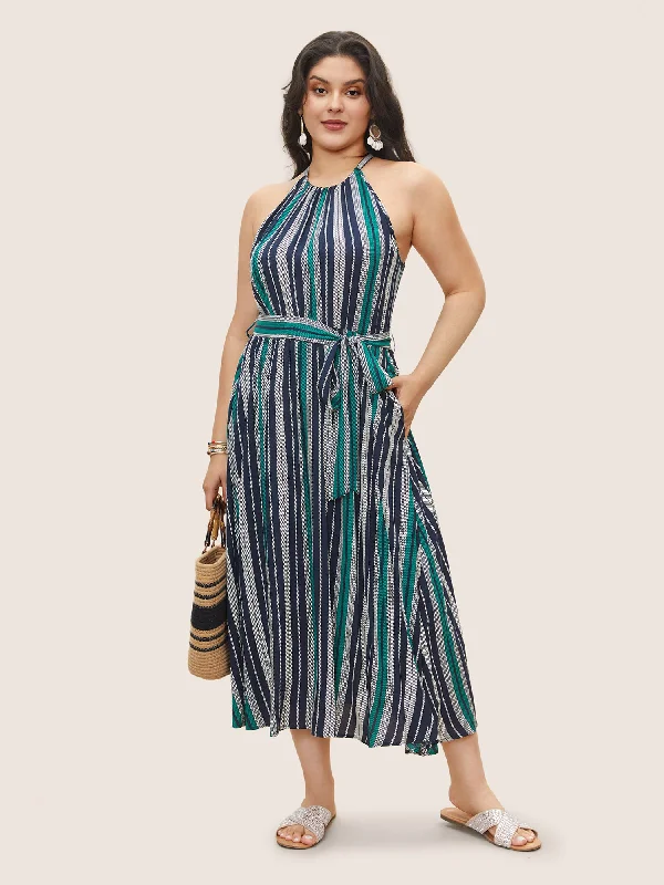Neon - Colored Casual Dresses for a Trendy Look​ Striped Belted Halter Pocket Dress