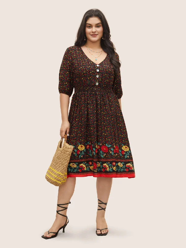 Travel - Friendly Casual Dresses for Comfort on the Go Ditsy Floral Print Elastic Waist Shirred Button Detail Dress Travel - Friendly Casual Dresses for Comfort on the Go Ditsy Floral Print Elastic Waist Shirred Button Detail Dress